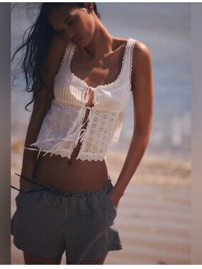 Zara Lace-Trim Tie-Front Eyelet Crop Top - White